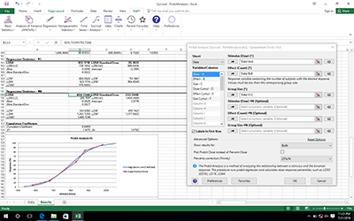 Probit analysis results table with LD50 and cumulation coefficient estimation.